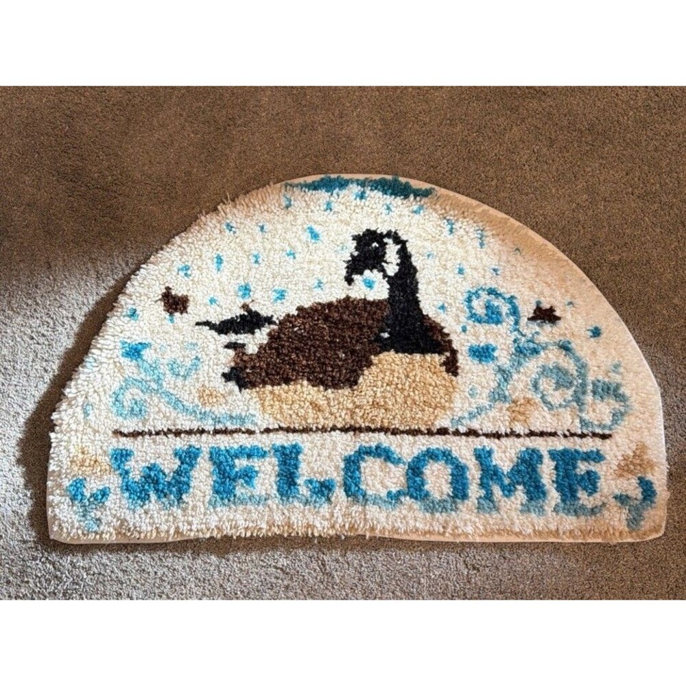 Y2k Goose Hooked Rug WELCOME Farm Country Primitive Duck Shag Half Moon 33x22”